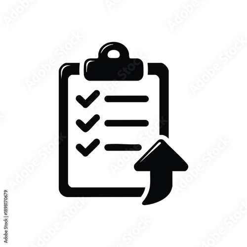 Black and white vector checklist clipboard icon with upload arrow for harvest planning and farm productivity
