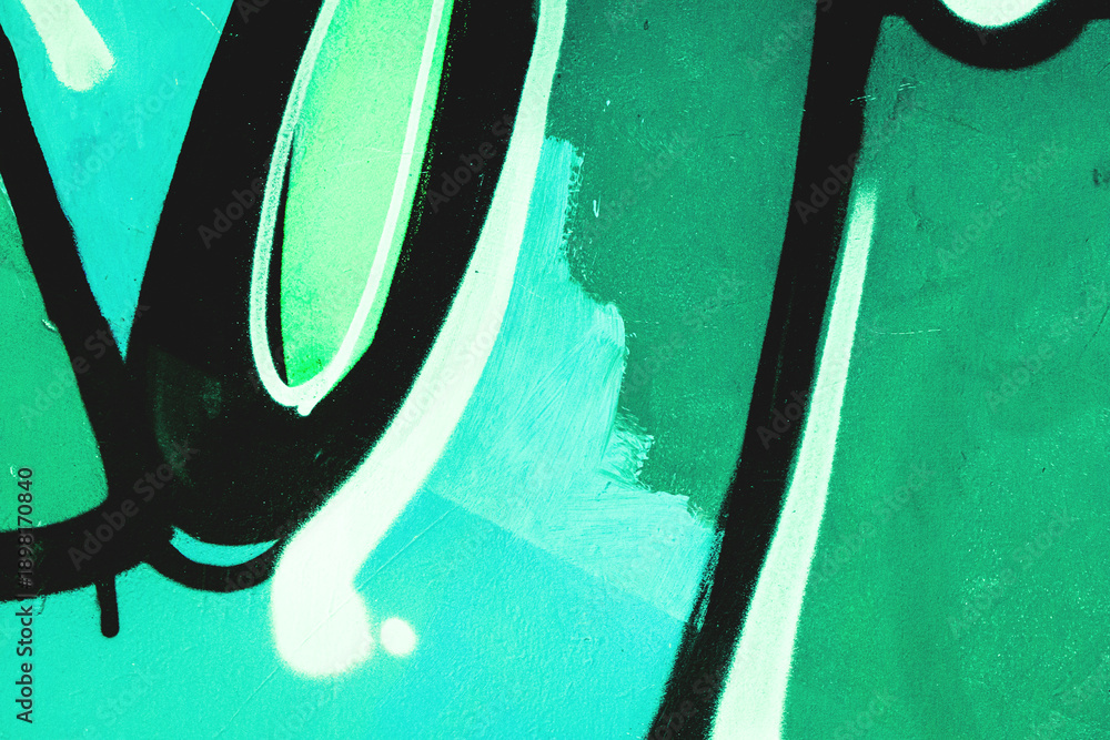 Obraz premium Abstract graffiti art in black, teal, green with neon fluorescent glow effect. Urban 2000s, Y2K style, bold lines. Street art, backgrounds, social media, modern 90s, y2k creative banner, summer visual
