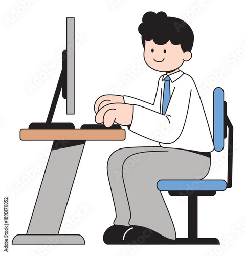 Businessman Working on Computer at Office Cartoon Illustration