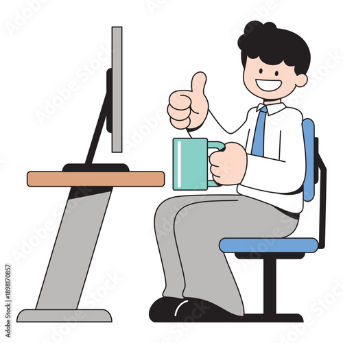 Happy Businessman Working at Desk with Coffee and Thumbs Up Cartoon Illustration