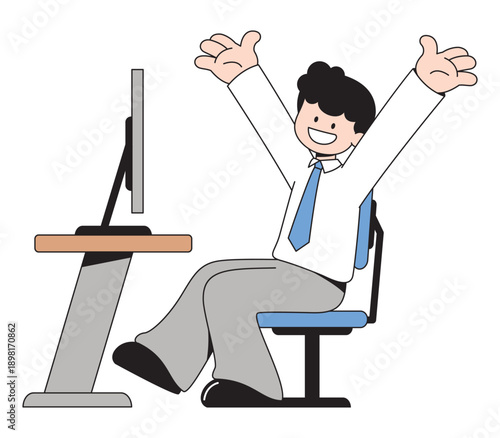 Successful Businessman Celebrating Achievement at Office Desk Cartoon Illustration