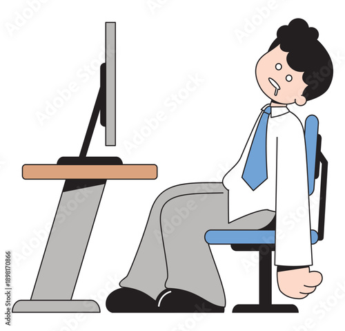Tired Businessman Falling Asleep at Office Desk Cartoon Illustration