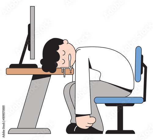 Exhausted Businessman Sleeping on Desk at Office Cartoon Illustration