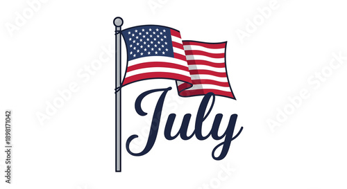 Vector American flag waving with 'July' text, Independence Day illustration, patriotic symbol, USA flag icon, holiday decoration, banner or poster element, isolated on transparent background, png