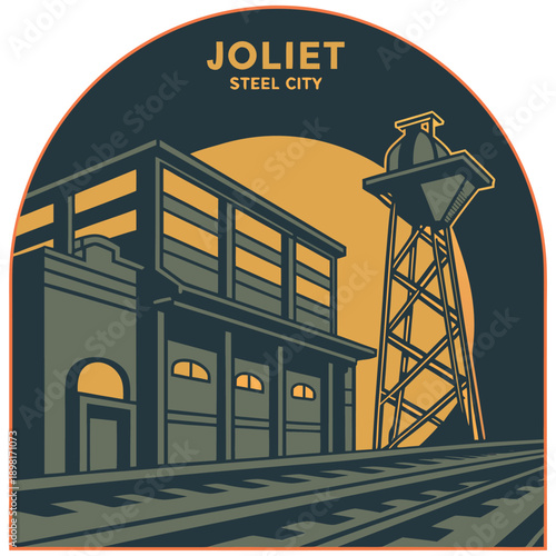 Joliet Steel City vintage industrial poster featuring factory and water tower