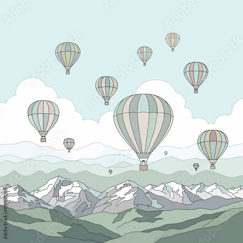 Numerous pastel-colored hot air balloons floating serenely above majestic snow-capped mountains and rolling green hills under a clear sky.