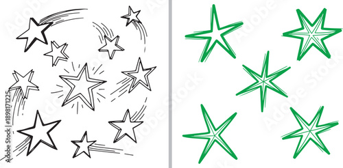 A whimsical set of hand-drawn stars in black and green. It features shooting stars with motion trails and sharp, multi-pointed celestial icons in a sketchy, organic style.