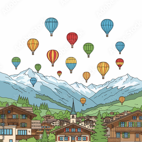 A charming mountain village with traditional houses and a church, set against a backdrop of snow-capped peaks, with many colorful hot air balloons floating in the sky.