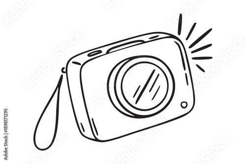 Digital camera doodle, hand drawn illustration, flash effect, compact gadget icon, photo simple sketch concept isolated device