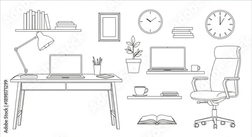 Minimalist Office Desk Setup with Laptop and Bookshelf.