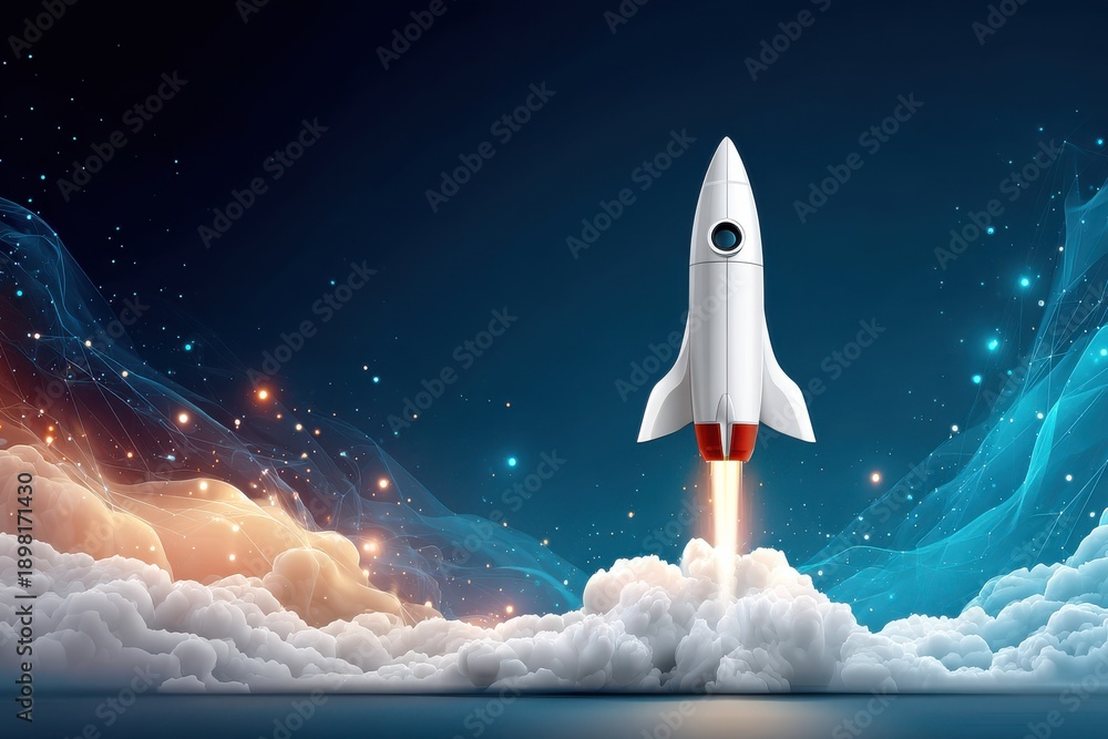 Fototapeta premium Rocket launches through a dark blue night sky above clouds with digital glow and sparks