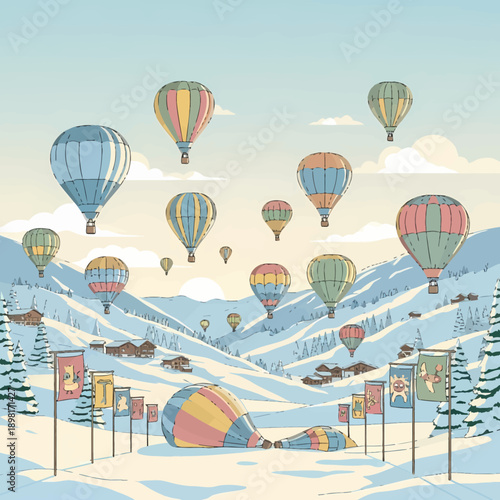 A vibrant illustration of a hot air balloon festival in a snowy mountain valley with colorful balloons flying and resting on the ground, surrounded by pine trees and small cabins.