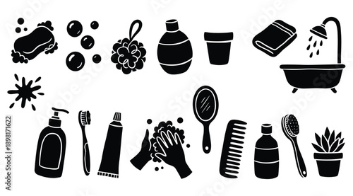 Bathroom hygiene objects bathtub soap sponge shower brush towel comb and mirror