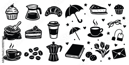 Set of cozy hand drawn coffee shop icons and bakery elements collection on transparent bak