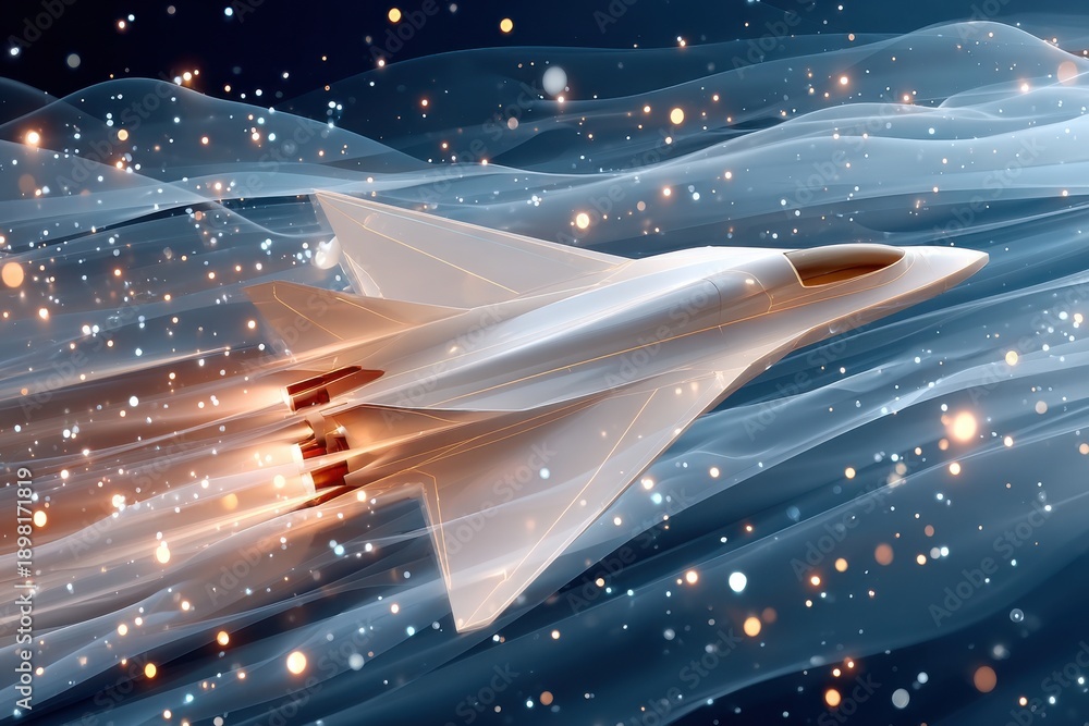 Fototapeta premium A futuristic rocket glides through glowing space trails with dynamic light particles for modern sci-fi branding