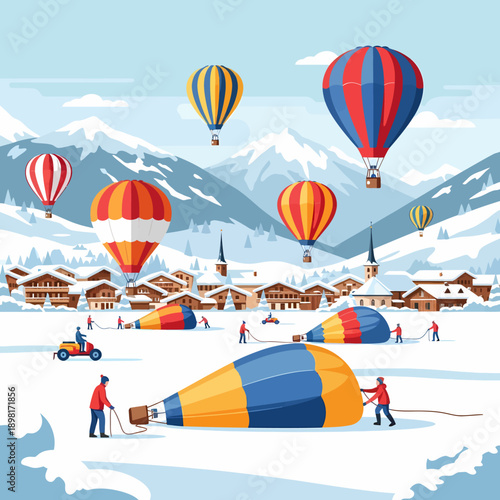 Hot air balloons being prepared and flying over a snowy mountain village with traditional houses and people in a winter landscape.