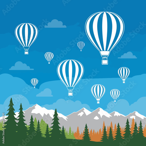 Hot air balloons floating in a blue sky above a scenic mountain range and a lush green forest.