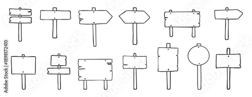 Road direction sign doodle set wooden signboard travel 
