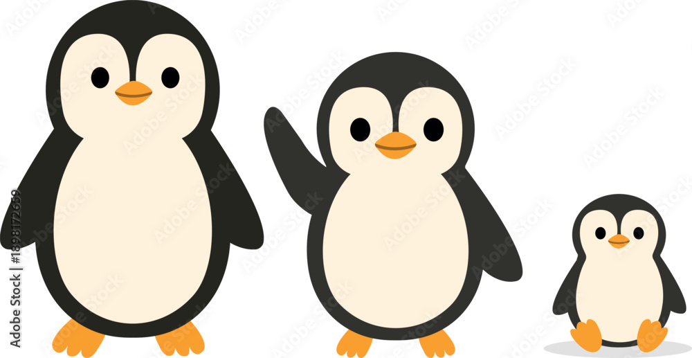 Fototapeta premium A cute family of penguin characters, kawaii cartoon arctic animals, flat vector illustration isolated on a white background, adorable penguins,winter wildlife, fun illustration, children’s book style