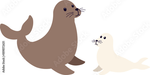 Cute cartoon sea animals, adorable mother seal with baby, playful sea lion and seal characters, flat vector illustration, isolated on white background,children's illustration,kids books