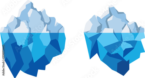 Collection of iceberg elements, flat vector illustration, isolated on white background, polar landscape, icy mountain pieces, Arctic and Antarctic environment, cold climate, frozen nature