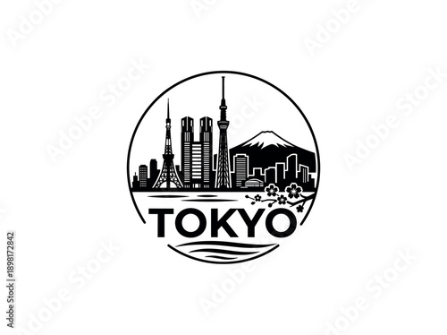 Tokyo city of Japan stylized black and white skyline logo with iconic architecture