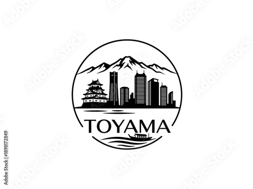 Wallpaper Mural Toyama city of Japan stylized black and white skyline logo with iconic architecture Torontodigital.ca