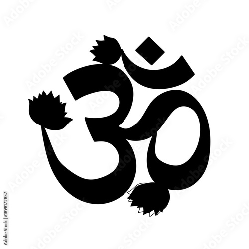Spiritual Om (Aum) sign icon with stylized lotus flower accents. Symbol of Hinduism, meditation, and yoga.