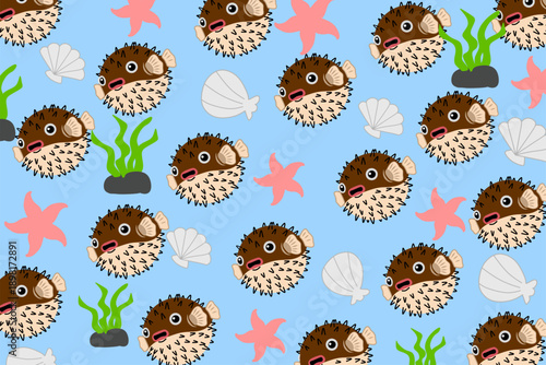 Seamless Pattern of Cute Puffer Fish and Sea Life