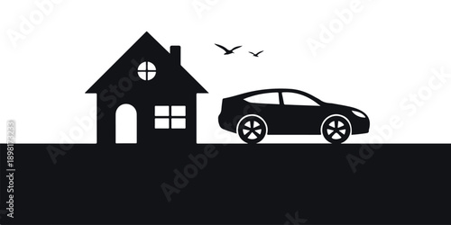 Silhouette of a house with a parked car and a flying bird at dusk
