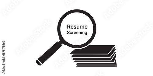 A magnifying glass inspecting a stack of resumes for job application screening