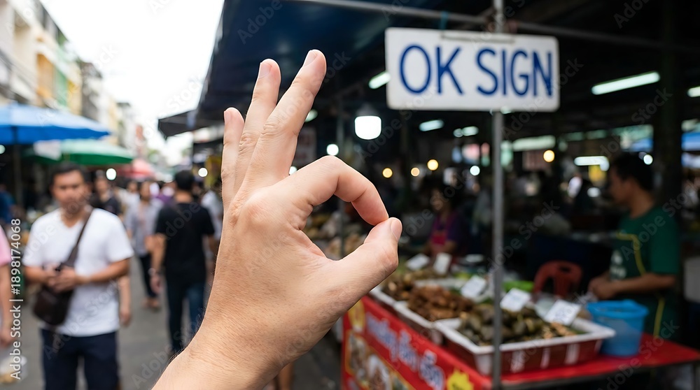Obraz premium Hand Making OK Gesture in Busy Asian Market Scene