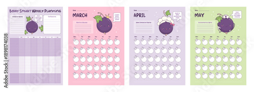 Spring Undated 3-Month Planner Set. Perpetual Monthly Calendar and Weekly Page To-Do List. Cute Kawaii Blackcurrant Character. Isolated Reusable Vertical Printable organizer Bundle Vector illustration