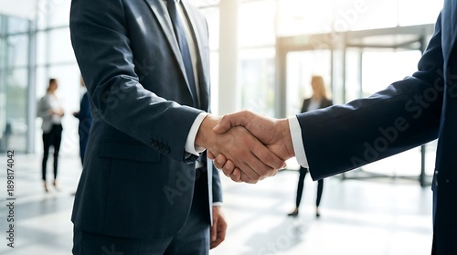 Professional business partners shaking hands in modern office lobby