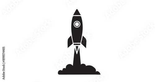 A sleek rocket ship launching into space from a cloud of smoke and fire