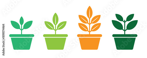  potted plants in various growth stage. Potted plant growth. Simple icon of a potted plant, symbolizing growth, progress, and new beginnings.  