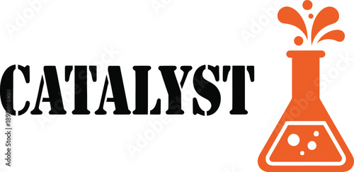 Catalyst science flask typography design vector illustration for chemical reaction innovation discovery and technology change projects on transparent background.