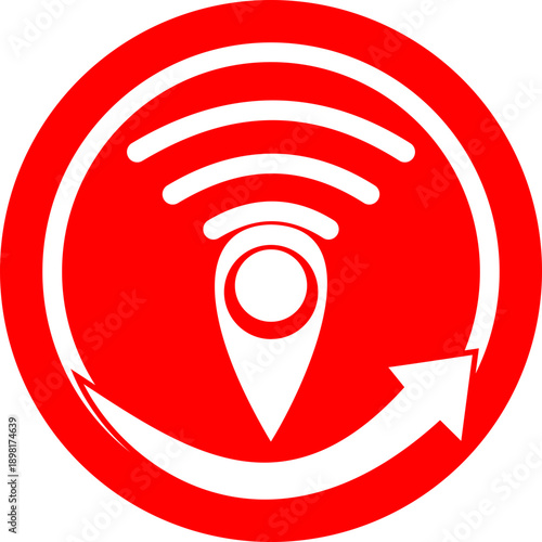 VPN Location Icon Featuring Red Circle with Pin, Wi-Fi Signal, and Circular Arrow for Privacy, Tracking, and Navigation Design