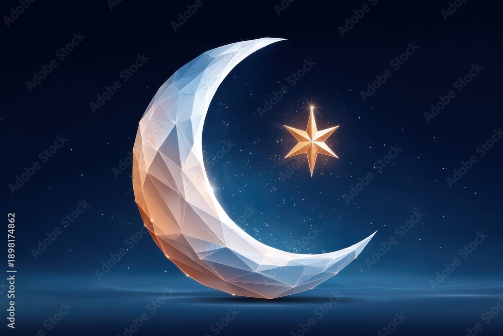 Fototapeta premium Geometric crescent moon and star art glowing in a tranquil night sky scene