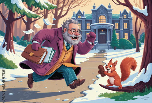 Enthusiastic Senior Professor Running to University Academy in Winter Snow with Squirrel