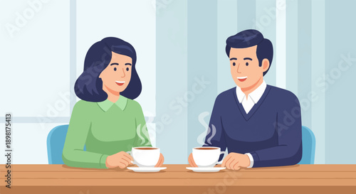 Two people enjoying coffee and conversation at a wooden table