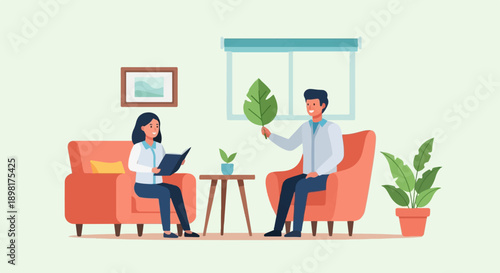 Two people in armchairs in a room discussing a leaf