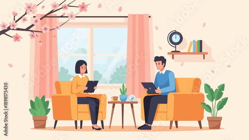 Two people in armchairs in a room with a window and cherry blossoms