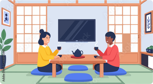 Two people enjoying tea in a room with traditional sliding doors