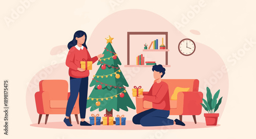 Two people exchange gifts by a decorated Christmas tree in a cozy room