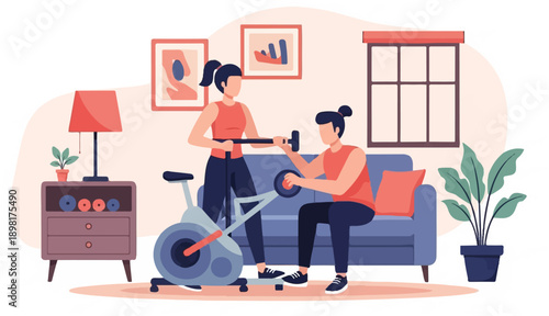 Two people exercising indoors with a stationary bike and weights near a window and furniture