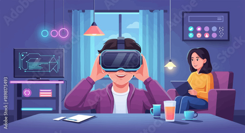 Two people experiencing virtual reality and digital engagement in a modern room