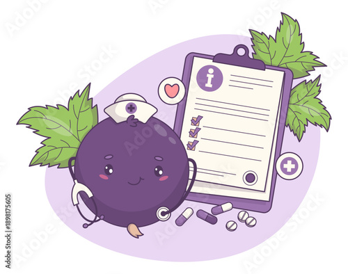 Nurse Blackcurrant Girl with Stethoscope. Cute Kawaii Berry Currant Mascot Medical Character. Prescription, Consultation Examination and Treatment Concept. Vector illustration
