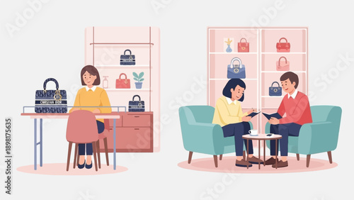 Two people in a bright, modern boutique discuss a designer handbag