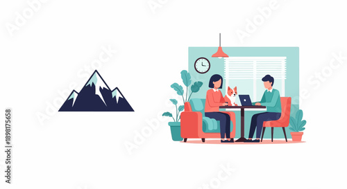 Two people and a dog working on laptops indoors with a mountain graphic